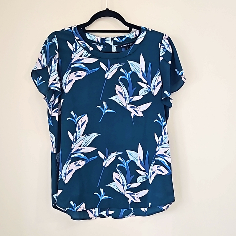 41 Hawthorne deep teal green floral blouse